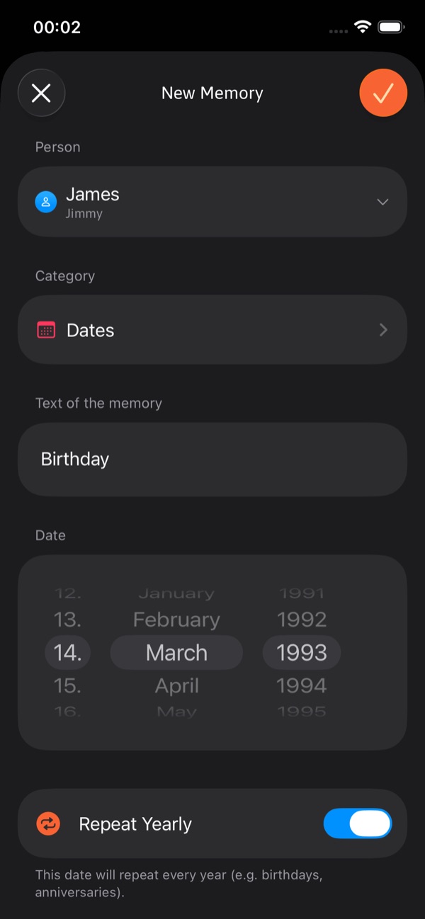 Eingabemaske für eine neue Erinnerung: Person, Kategorie „Dates“, der Text „Birthday“, ein Datumsrad auf dem 14. März 1993 und ein aktivierter Schalter für jährliche Wiederholung
