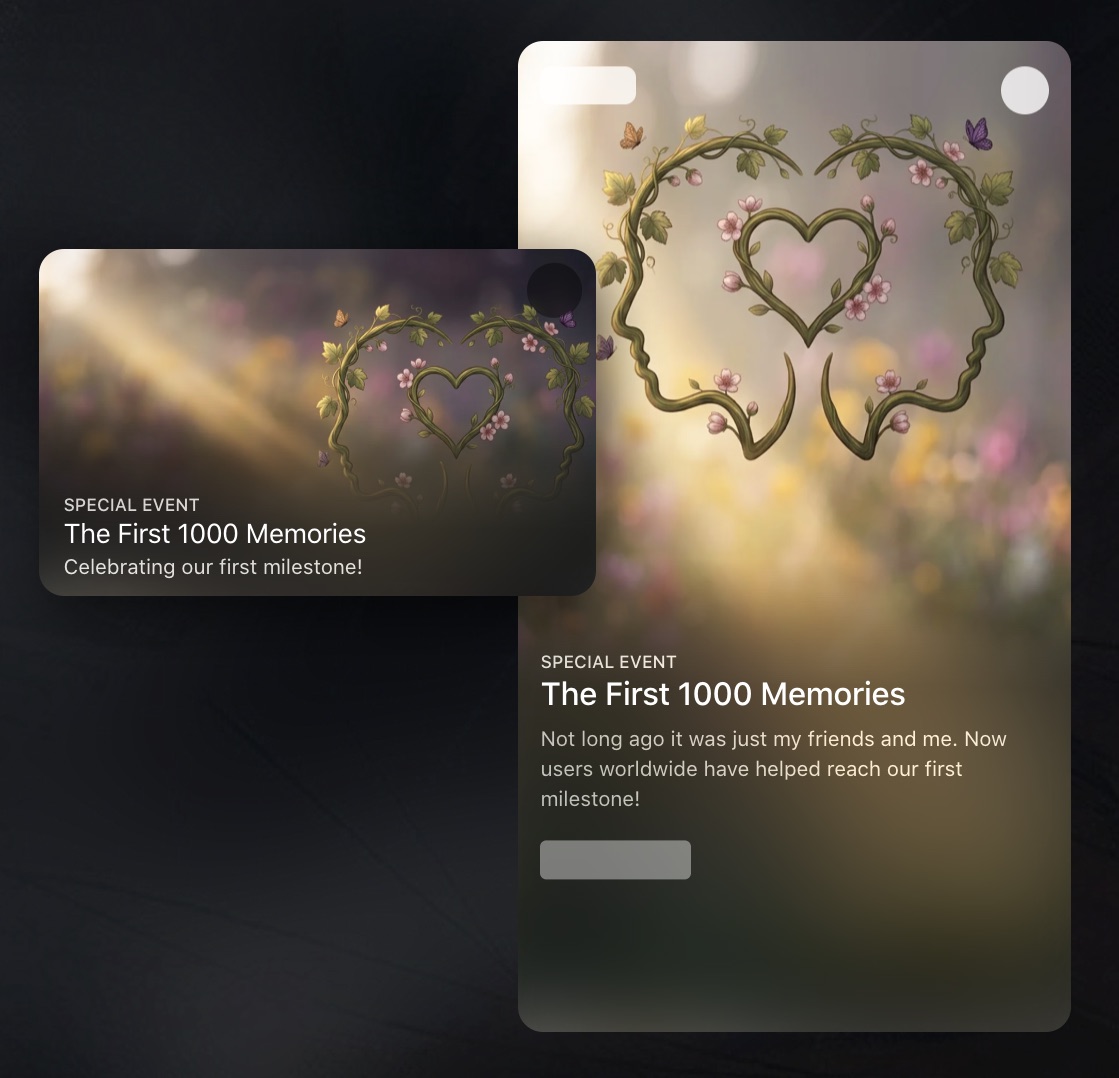 Remember Them 'The First 1000 Memories' special event cards shown in the App Store, with vine-and-flower heart artwork