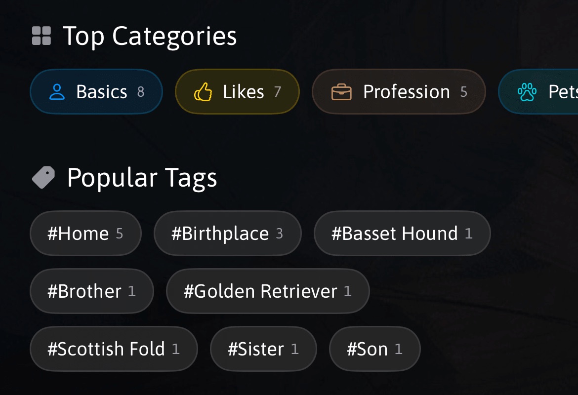 Remember Them's Explore screen showing category chips for Basics, Likes, Profession and Pets, plus popular tags like #Birthplace and #Basset Hound